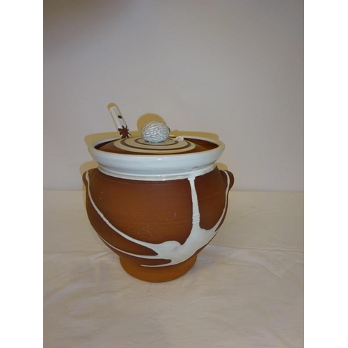 38 - A large Stephen Pearce pottery soup pot with cover and ladle.