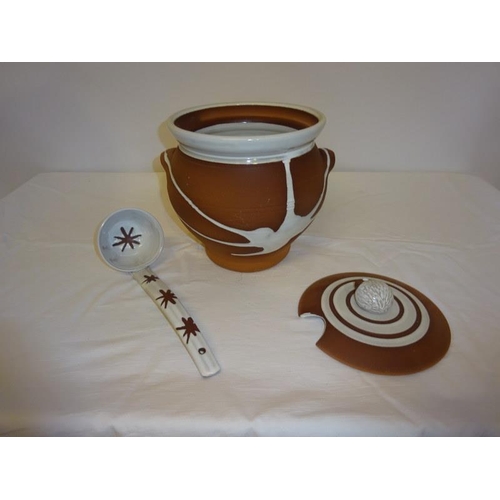 38 - A large Stephen Pearce pottery soup pot with cover and ladle.