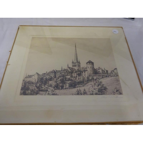 46 - Three framed Cork scenes and a continental engraving. (4)