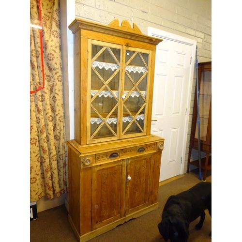 58 - Antique pine kitchen cabinet, the upper part having two section glass doors, the base fitted with a ... 