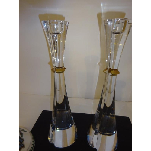 71 - Baccarat - A pair of tall glass candlesticks , signed together with a pair of English China candlest... 