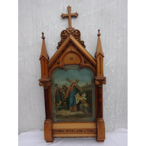 83 - A full set of late 19th century Stations of the Cross in oak gothic shaped frames - (prints) (14)