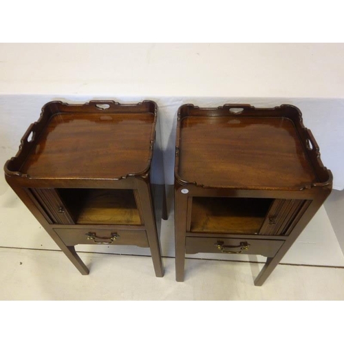 93 - Pair of Georgian mahogany style lamp or bedside tables having a tambour shutter and fitted with a dr... 