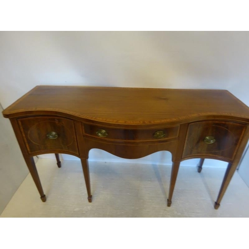 105 - Fine antique mahogany sideboard, the serpentine shaped top crossbanded with satinwood fitted with a ... 