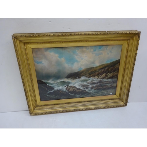 121 - Large gilt framed seascape,
Oil on board,
Signed E.E West,
Overall size 95cm x130cm approx.