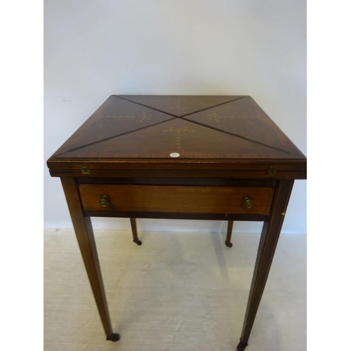 155 - Edwardian inlaid mahogany envelope card table fitted with a drawer and raised on tapered legs.