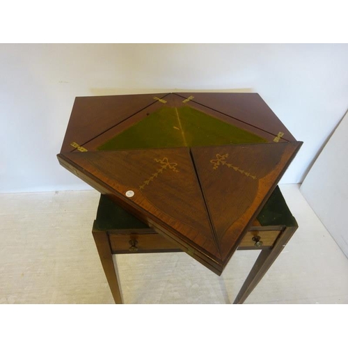 155 - Edwardian inlaid mahogany envelope card table fitted with a drawer and raised on tapered legs.