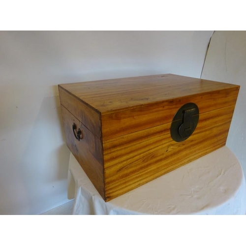 159 - Good camphor wood storage box with brass fittings. W. 95cm, D. 60cm, H. 42cm approx.