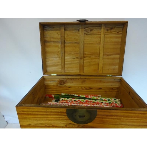 159 - Good camphor wood storage box with brass fittings. W. 95cm, D. 60cm, H. 42cm approx.