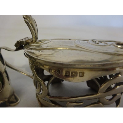 169 - English silver condiment set, Birmingham 1906, one green glass liner missing.