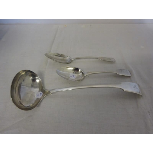 191 - Two Irish silver tablespoons, Dublin 1828 & 1831, one by James Le Bas and a large plated soup ladle.... 