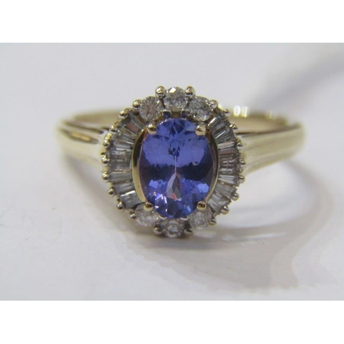 196 - 14ct gold tanzanite and diamond cluster ring. Size O.