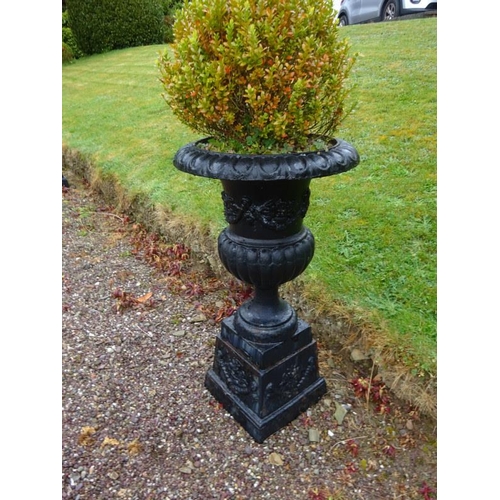 210 - Pair of large antique cast iron garden urns and bases. H. 110cm, Diameter 58cm approx.