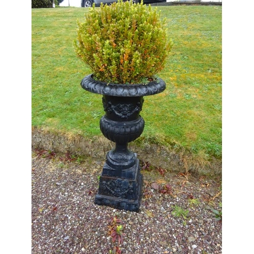 210 - Pair of large antique cast iron garden urns and bases. H. 110cm, Diameter 58cm approx.