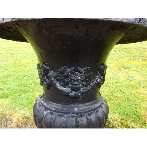 210 - Pair of large antique cast iron garden urns and bases. H. 110cm, Diameter 58cm approx.