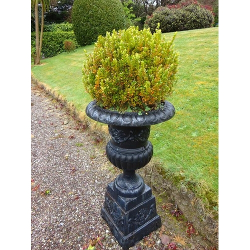 210 - Pair of large antique cast iron garden urns and bases. H. 110cm, Diameter 58cm approx.