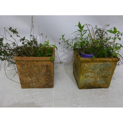 213 - A pair of square shaped terracotta planters. 40cm x 40cm x 40cm.