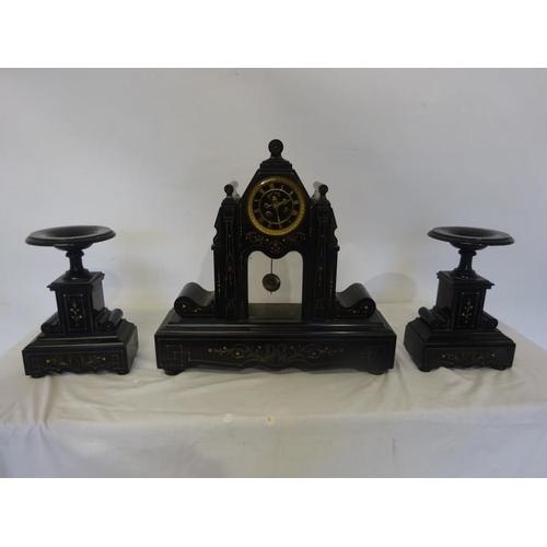 247 - Victorian clock garniture, the movement with visible escapement.