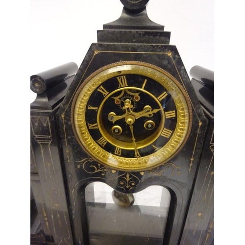 247 - Victorian clock garniture, the movement with visible escapement.