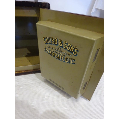 254 - Neat size Chubb safe with key. W. 39cm, D. 36cm H. 44cm approx.