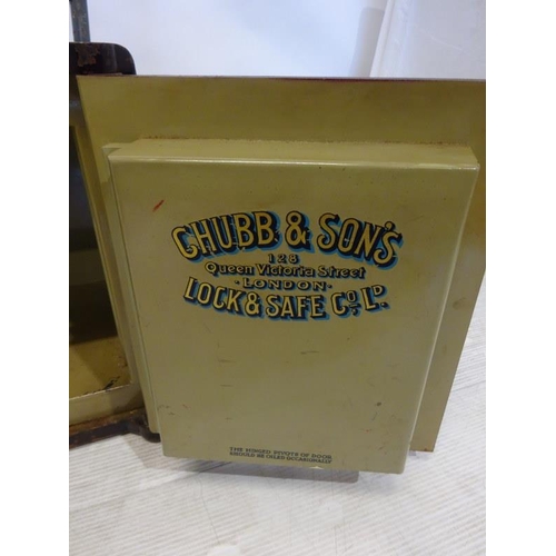 254 - Neat size Chubb safe with key. W. 39cm, D. 36cm H. 44cm approx.