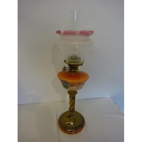 262 - Victorian copper and brass oil lamp with coloured glass bowl and shade.