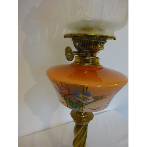 262 - Victorian copper and brass oil lamp with coloured glass bowl and shade.