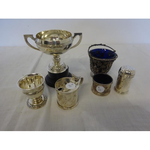 268 - Mixed lot of silver ware - Trophy cup, mustard holder, etc. Overall weight 16 troy ozs.