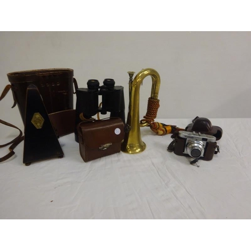 290 - Mixed lot - brass bugle, camera, binoculars, etc.