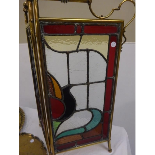 297 - Victorian brass framed and leaded glass firescreen, brass stick stand and two trays.