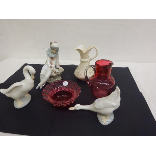 307 - Mixed lot - two pieces of red glass, beleek jug (black mark),china figure of a lady and two birds, (... 