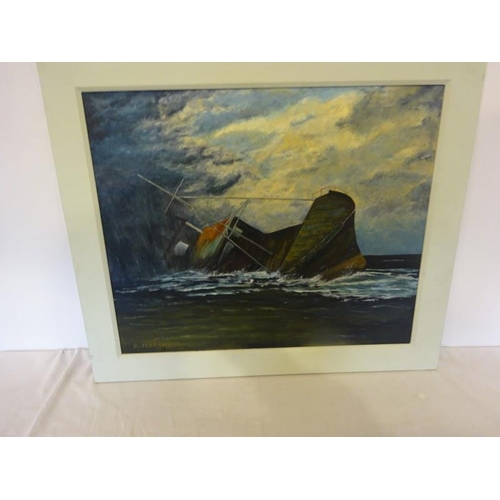 319 - P. Marshall,
Ship wreck off the coast,
Oil on board,
Signed,
Overall size 62cm x 72cm approx.