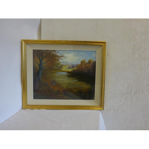 330 - P. Marshall,
River landscape scene,
Oil on board,
Signed,
Overall size 53cm x 63cm approx.