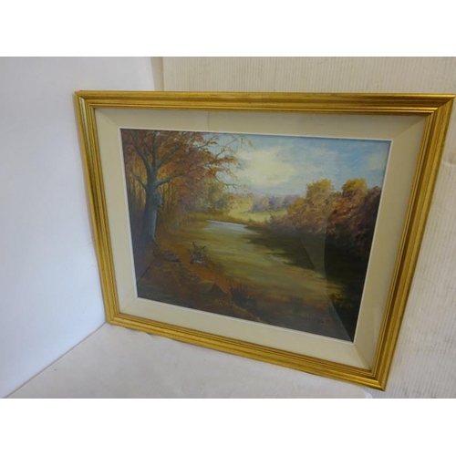 330 - P. Marshall,
River landscape scene,
Oil on board,
Signed,
Overall size 53cm x 63cm approx.