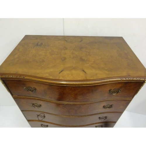 339 - Good quality walnut serpentine chest of five drawers. W. 83cm, D. 50cm, H. 100cm approx.