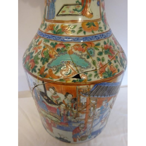 42 - Large antique Cantonese vase, damaged throughout. H. 60cm.