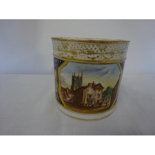 49 - A Bloor Derby china mug having gilded decoration and a scene of part of Gloucester. (hairline crack ... 