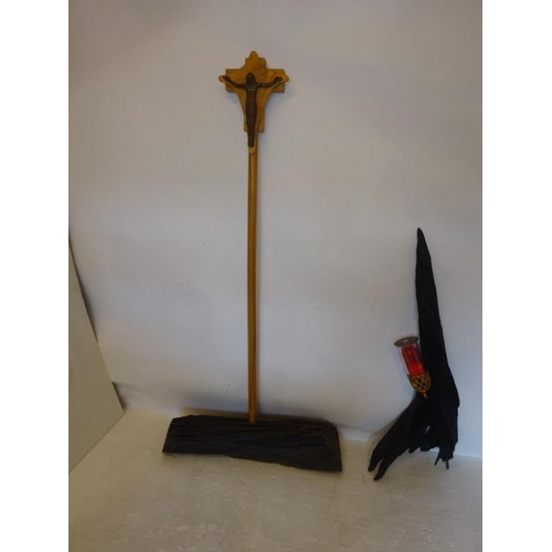 66 - Timber crucifix on bog oak base and a light holder on bog oak upright. (2) (Some damage on crucifix)