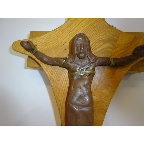 66 - Timber crucifix on bog oak base and a light holder on bog oak upright. (2) (Some damage on crucifix)