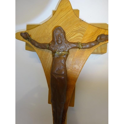 66 - Timber crucifix on bog oak base and a light holder on bog oak upright. (2) (Some damage on crucifix)