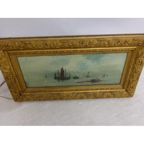 69 - A pair of 19th century gilt framed seascapes,
Oil on canvas,
Signed,
36cm x 69cm approx.