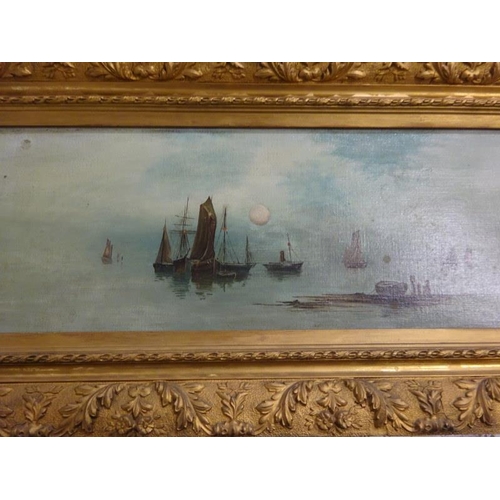 69 - A pair of 19th century gilt framed seascapes,
Oil on canvas,
Signed,
36cm x 69cm approx.