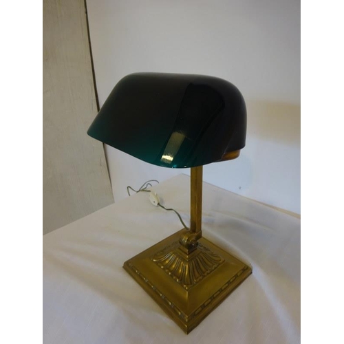 96 - Old brass and green glass desk lamp.