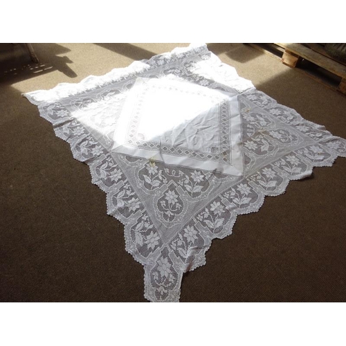 97 - Two crochet table cloths. 160cm square x 160cm approx. 200cm x 200cm approx.