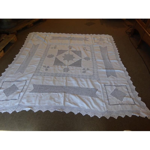 97 - Two crochet table cloths. 160cm square x 160cm approx. 200cm x 200cm approx.