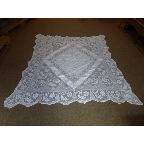 97 - Two crochet table cloths. 160cm square x 160cm approx. 200cm x 200cm approx.