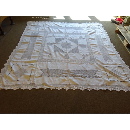 97 - Two crochet table cloths. 160cm square x 160cm approx. 200cm x 200cm approx.