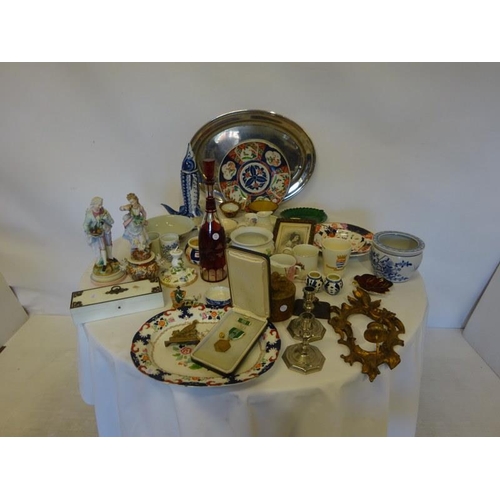 99 - Mixed lot of chinaware and a red glass decanter and stopper.