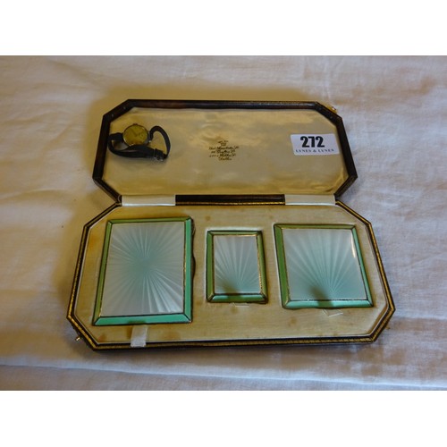 272 - A silver and enamel cigarette case, match box holder and compact case, Chelsea 1938. Retailed by Wei... 