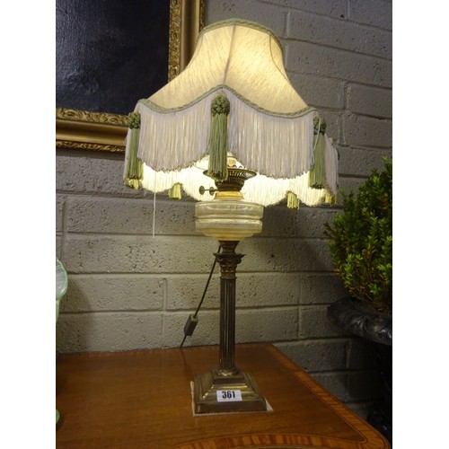 361 - Brass corinthian column oil lamp with clear glass bowl and fabric shade, (electrified).